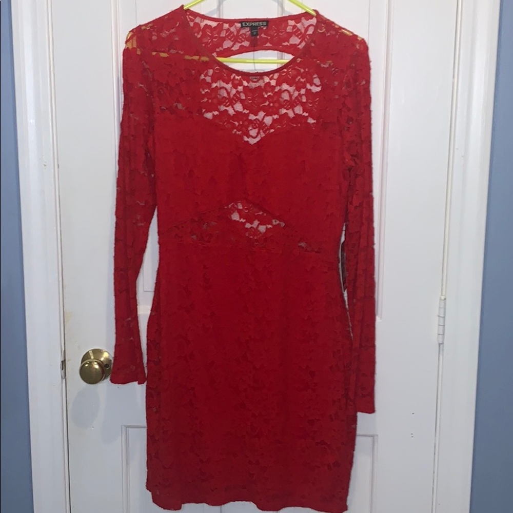 Red lace long sleeve mini dress